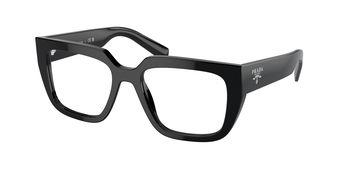 Das Bild zeigt die Prada Brille A03V in Schwarz leicht schräg von der Seite.
